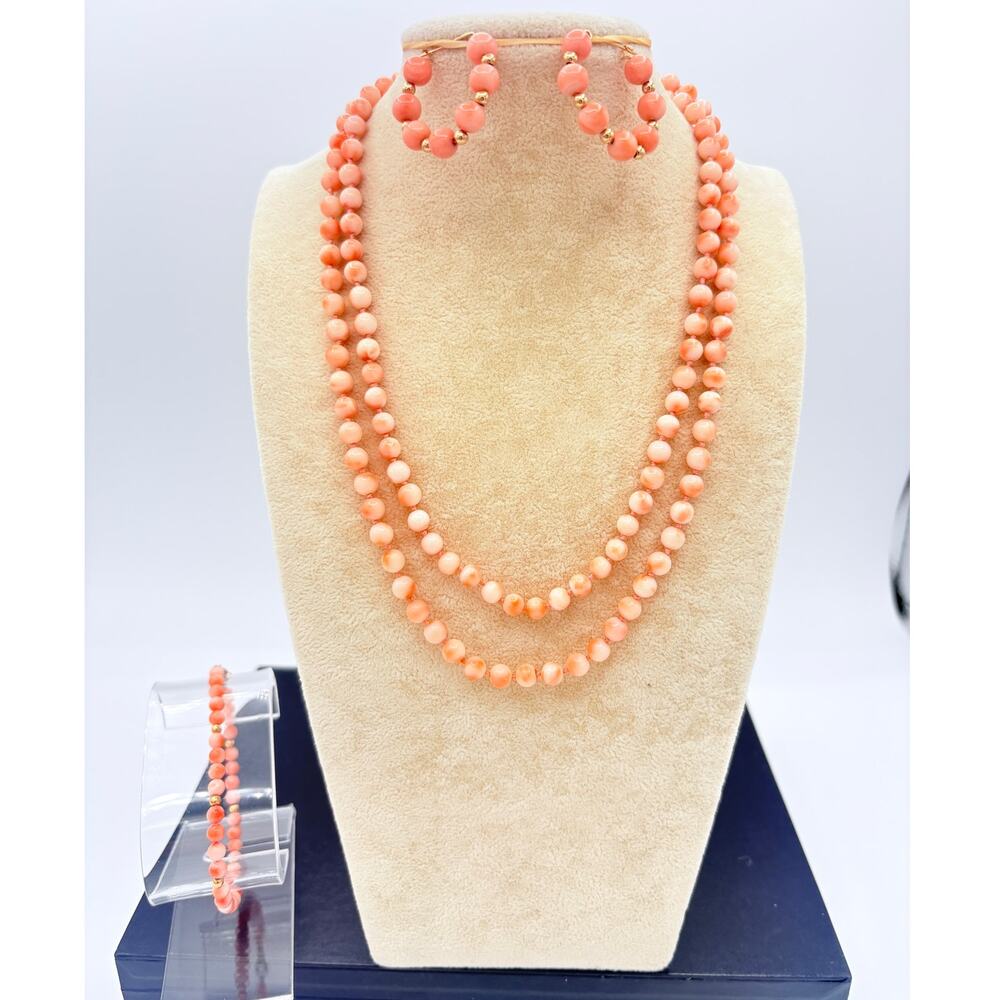 Angel Skin Coral Jewelry Set – 32" Necklace, Bracelet & Earrings in 14K Gold